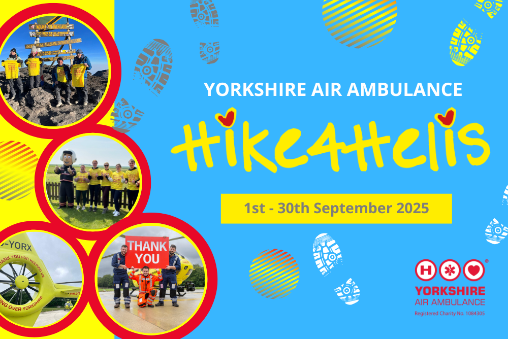 A graphic with a blue background and the words Hike4Helis 1st to 30th September 2025. There are some footprints and some images of people walking.